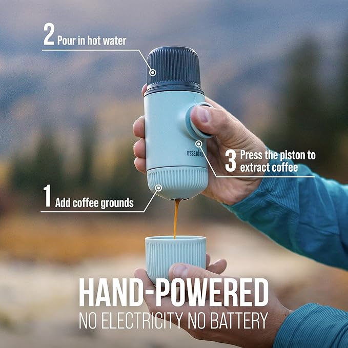 WACACO Nanopresso Portable Espresso Maker with Case, Mini Travel Coffee Machine, Perfect for Camping, Travel and Officeç«?Elements Arctic Blueç«?,<div>