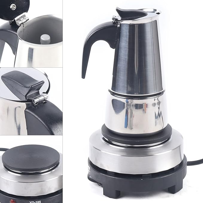 4Cups 200ml Portable Espresso Coffee Maker Stainless Steel Moka Pot 110V Electric Espresso Percolator Coffee Brewer Kettle Pot with Electric Stove (200ml, 4 cups)
