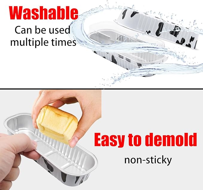 100 Pack 6.8oz Aluminum Cake Pans with Lids Rectangle Mini Loaf Pans Baking Cups Disposable Cupcake Baking Tins with 100 Pcs Plastic Spoons, Cow Print