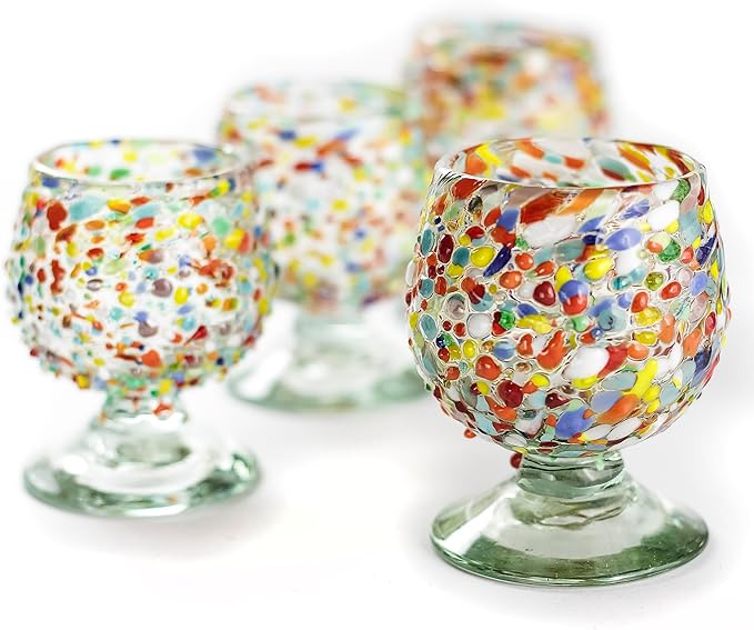 Authentic Mexican Tequila Hand Blown Shot Glasses - Set of 4-2 oz - Mini Glass Snifters - Heavy Base - Cognac (Confetti)