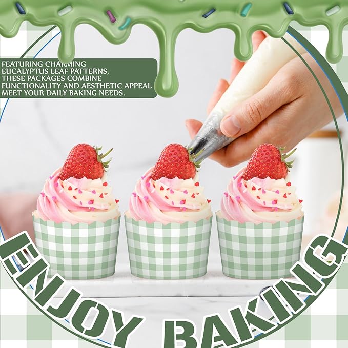 Vesici 150 Pcs Sage Green Gingham Ice Cream Cups 5oz Dessert Paper Bowls Gingham Scalloped Cupcake Cups Disposable Dessert Bowls for Food Sundae Frozen Yogurt Soup Party Supplies