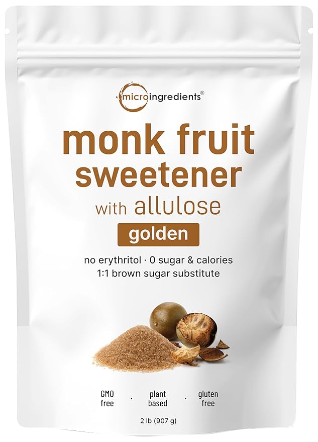 Micro Ingredients Golden Monk Fruit Sweetener Allulose, 2 lbs | No Erythritol, No Aftertaste, 1:1 Brown Sugar Substitute | Zero Calorie, Great for Drinks, Coffee, Tea, Cookies | Keto, Vegan, Non-GMO