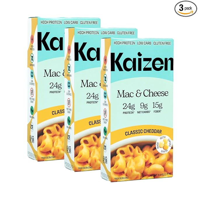 Kaizen High Protein Cheddar Mac & Cheese - Low Carb, Keto Friendly, High Fiber, Gluten-Free, Plant-Based, Non-GMO - 6.4 Ounces (Pack of 3)