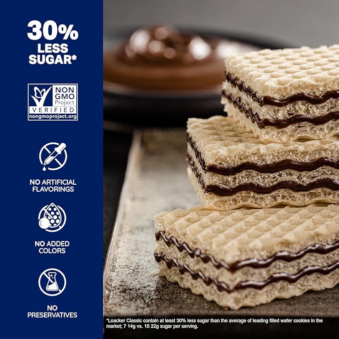 Loacker Classic Chocolate Wafers - Premium Crispy Wafer Cookies with Chocolate Cream Filling - Multipack of 12 Snack Packs - NON-GMO - Sustainably Sourced Cocoa - 45g/1.59oz, Pack of 12