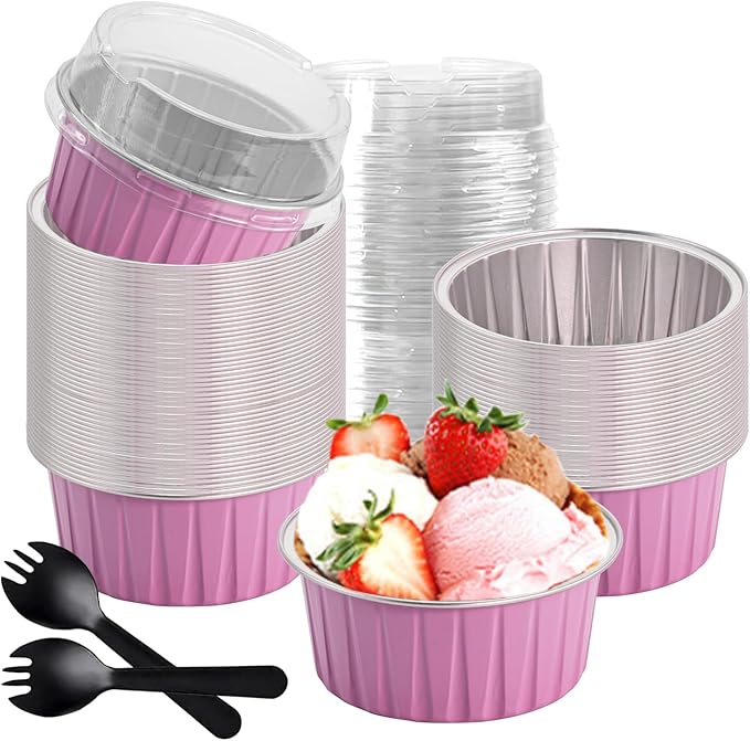 60 Pcs Mini Cake Pans with Lids,5oz Aluminum Foil Baking Cups Round Mini Disposable Ramekins 125ml Muffin Tin Ramekins Brownie Baking Cups, Dessert Cupcake Cups for Wedding Birthday Party(Pink)