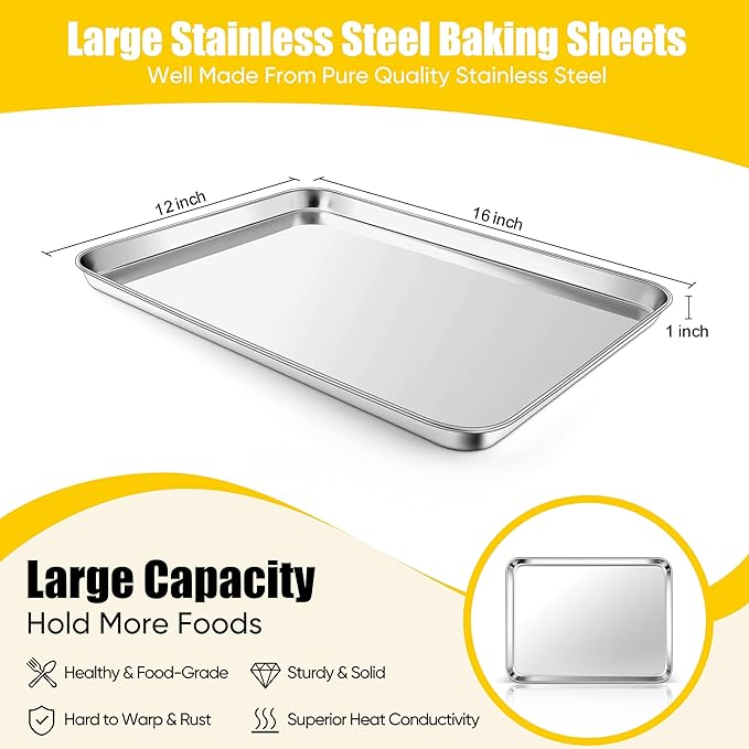 Homikit 2 Pack Baking Sheet, 16x12 Inches Stainless Steel Cookie Sheets for Baking, Large Toaster Oven Tray for Roasting Cooking, Metal Jelly Roll Pan Non Stick &Rustproof, Dishwasher Safe