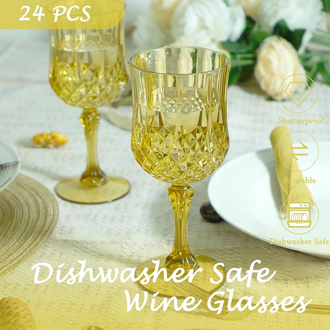 Plastic Wine Glasses,Plastic Goblets Vintage Style Cordial Drinking Glasses for Wedding Reception, Grand Event Party Supplies (24, Gold)
