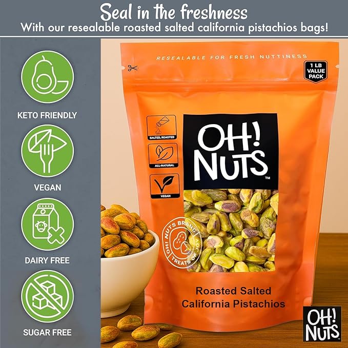 Oh! Nuts Pistachios No Shell - Roasted Salted - 1 lb - Shelled California Pistachios - Packed in New York Zip-Seal Bag for Exceptional Freshness