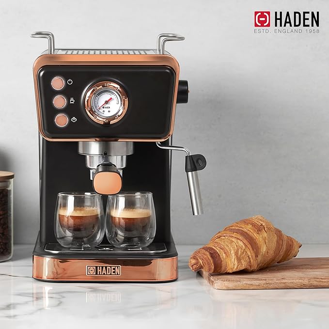 HADEN Barista Brew Espresso Coffee Machine, Stainless Steel Espresso Maker with Milk Frother and Steamer Function and 1.5L Water Tank, Black & Copper