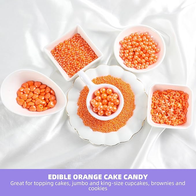 Kasvan 8.1Oz Orange Pearl Sprinkles, 6 Sizes Mix for Cake Decorating, 230g/8.1oz, Baking Cake Decorations, Ice Cream Toppings and Cookie Decorating, Wedding Party Chirstmas Supplies (Orange)
