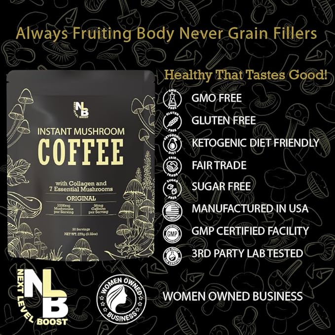 Original Organic mushroom Instant Coffee - 10 x 9g Packets - Healthy Coffee alternative and Substitute - With Dynamine, Collagen, Lions Mane and Antioxidant