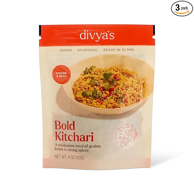Divya's Bold Kitchari, Strong & Spicy, One-Pot Ayurvedic Meal with Grains, Lentils, & Spices, Healthy & Nourishing Plant-Based Meal, Vegan, Non-GMO, Gluten Free, Organic, Single Serving 3 Pack