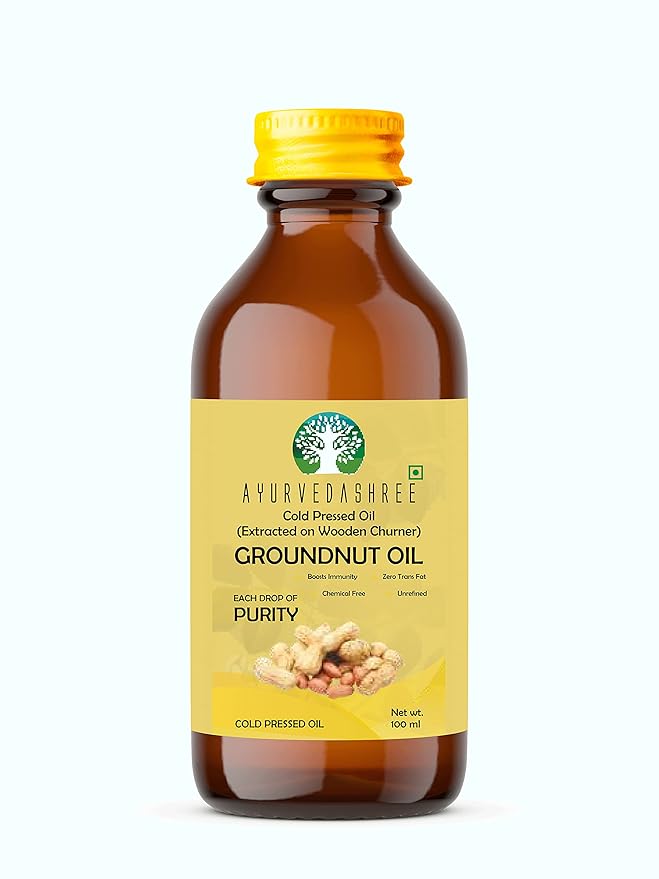 AYUREVDASHREE Cold Pressed Peanut Oil 3.38 fl oz. | Perfect for Deep Frying, High Heat Cooking, Adding to Noodles, Stir-Fries | Wood Pressed Groundnut Oil