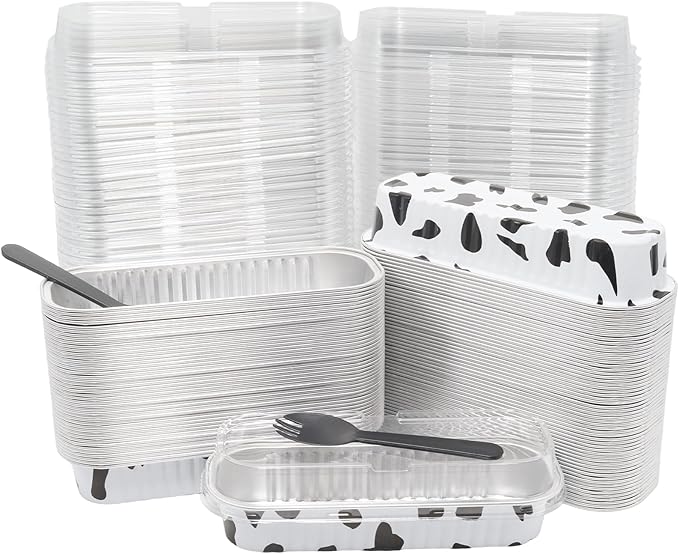 100 Pack 6.8oz Aluminum Cake Pans with Lids Rectangle Mini Loaf Pans Baking Cups Disposable Cupcake Baking Tins with 100 Pcs Plastic Spoons, Cow Print