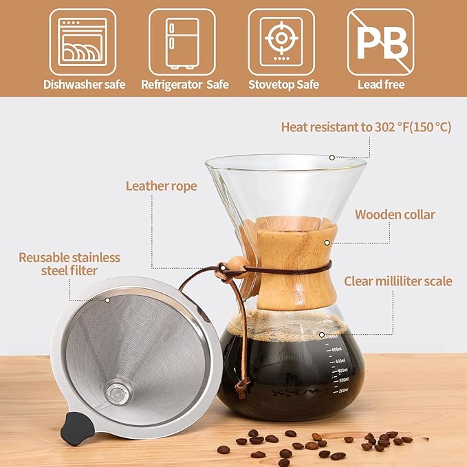 Pour Over Coffee Maker 27 OZ, 8 Cup Borosilicate Glass Drip Coffee Maker with Reusable Stainless Steel Filter and Cork Grip for Home Caf챕 800 ML