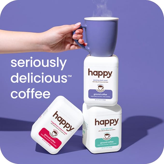 happy coffee dark roast ground coffee, 12 oz., notes of cocoa & cheer, recyclable container, grown & harvested in Brazil, Rwanda & Colombia