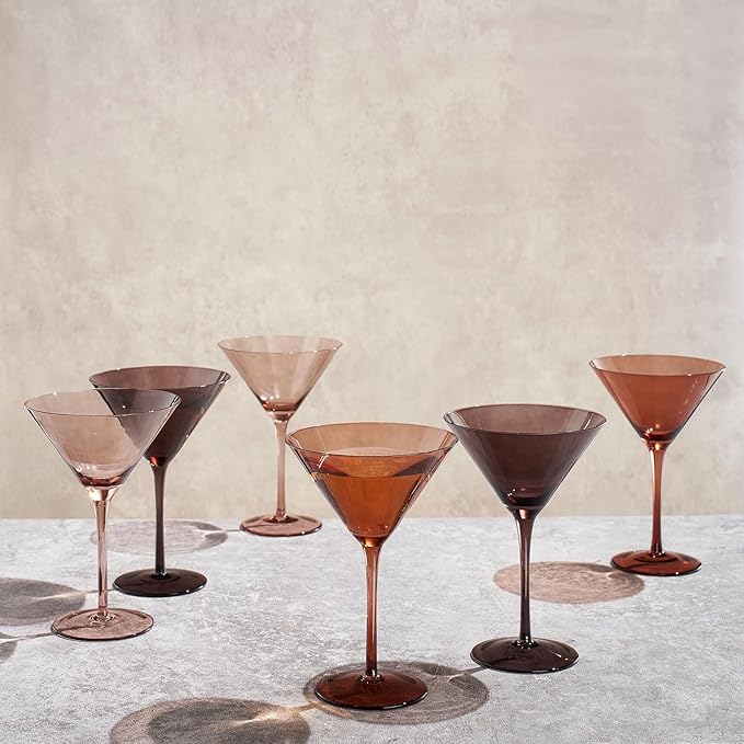 Venus Glasses Luxury Glassware - Set of 6 - Everyday, Holiday Gift Her, Mom, Wife, Girlfriend, Special Celebrations Drinkware, Christmas, Textured Glass, Brown Style Amber Colored - Martini Coupe 8oz