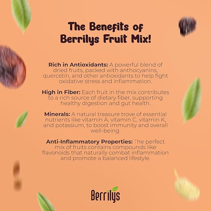 Berrilys Dried Fruit Mix, 2 Lbs, Organic, Diced Figs, Diced Apricots, White Mulberries, Sultanas, Sour Cherries, No Sugar Added, Trail Mix for Baking and Snacking