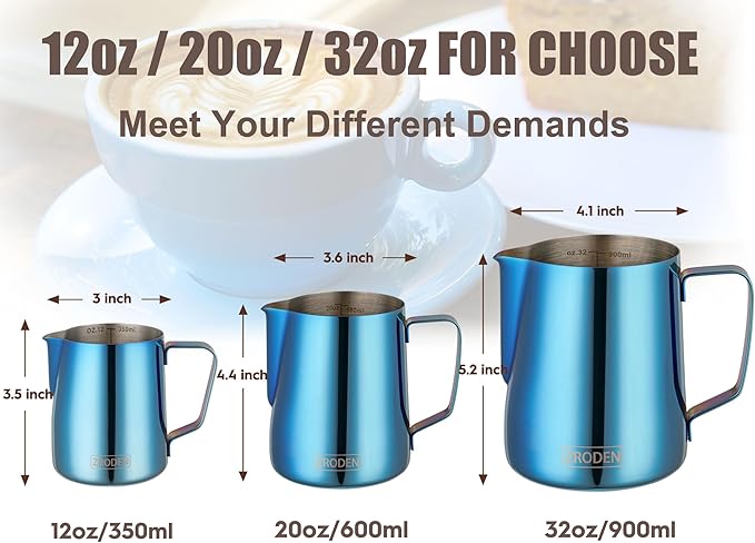 Milk Frothing Pitcher, 32oz Espresso Steaming Pitchers Stainless Steel Cappuccino Coffee Machine Accessories Barista Tools Steam Froth Pitchers Milk Jug Cup with Decorating Pen Latte Art, Blue