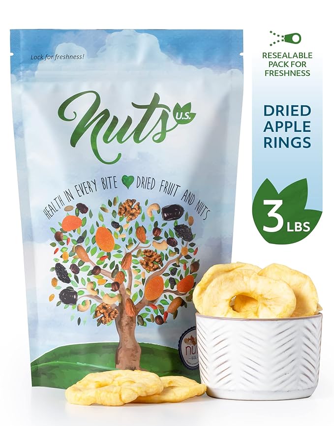 NUTS U.S. - Dried Apple Rings | No Added Sugar | No Artificial Color | Chewy Texture | NON-GMO | Juicy and Natural | Packed in a Resealable Bag!!! (3 LBS)