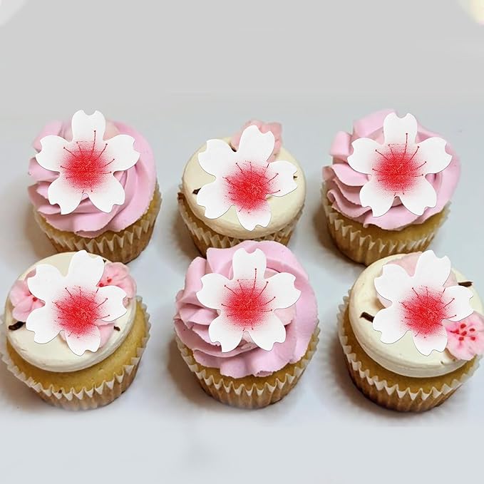 100 Pack Edible Cherry Blossom Cake Toppers - Flowers Cupcake Picks Rice Paper Wafer for Baby Shower, Bridal Shower, Kids Birthday Party Cake Decorations