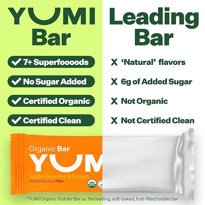 Yumi Organic Toddler Snacks Bars - Gluten-Free, No Added Sugar, 7+ Vegetables, Soft-Baked Crust, Yumi Bars Healthy Toddler Organic Snacks - School Safe for Lunch Boxes, Apple Cinnamon & Squash (30ct.)