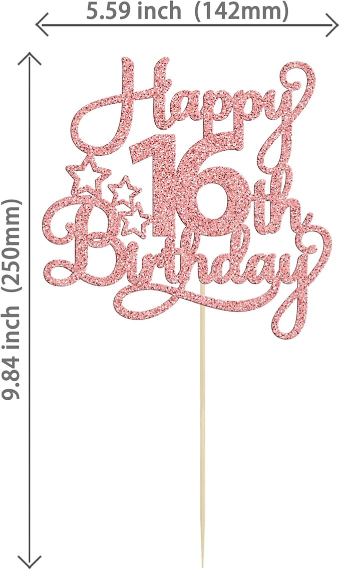 1 Pack Happy 16th Birthday Cake Topper Glitter Sweet 16 Cake Pick Birthday 16th Birthday Cake Decorations for Children 16th Theme Party Supplies Rose Gold
