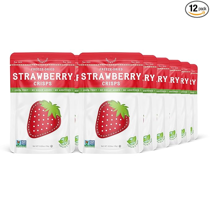 Nature’s Turn Freeze-Dried Strawberry Crisps – Healthy, Gluten-Free, Crispy & Delicious, Plant-Based Snack, Ideal for Cereal, Smoothies, School Lunches, & On-the-Go, Pack of 12 (0.53 oz Each)