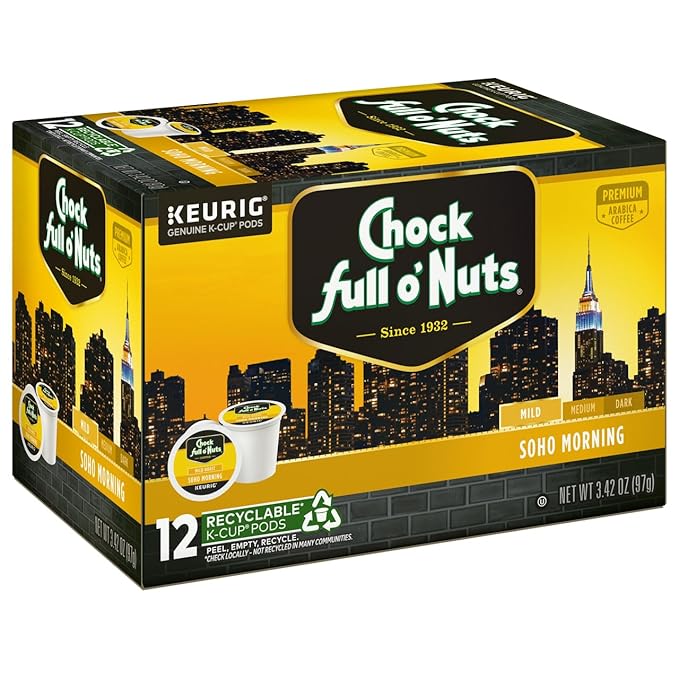 Chock Full o'Nuts Soho Morning Coffee, Mild Roast, Compatible with K-Cup Pods, 12 CT (Pack of 2)
