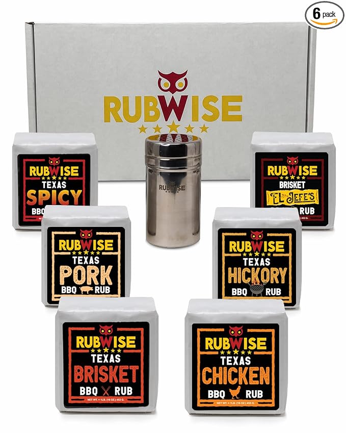 RubWise Texas Style BBQ Rub Gift Set (6 x 1 lb bags) | Meat Spice and Seasoning Variety Pack | Smoking & Grilling Gifts for Men | Brisket Rubs, Chicken, Pork, Hickory, Spicy, El Jefe | Shaker Included