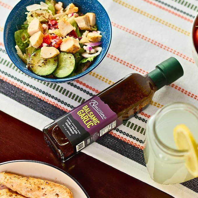 Benissimo Balsamic Garlic Herb Infused Oil & Vinegar Blend, All Natural Gourmet Blend with Bold Balsamic, Roasted Garlic, and Hand-Selected Herbs, Ideal for Drizzling, 8.1 fl oz