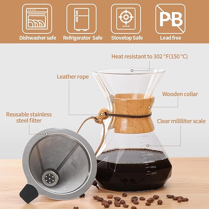 Pour Over Coffee Maker 27 OZ, 8 Cup Borosilicate Glass Drip Coffee Maker with Reusable Stainless Steel Filter and Cork Grip for Home Caf챕 800 ML (Diamond Shape)