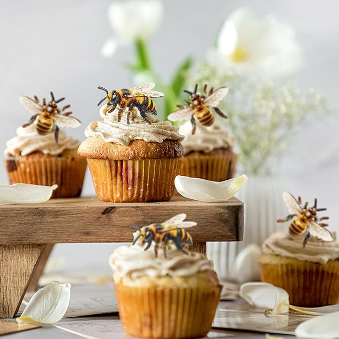 40 PCS Edible Bumble bee Cupcake Toppers Wafer Paper Bumble Bee Party Drink Topper Decorations for Kids Girls Birthday Baby Shower Honey Bee Themed Party Supplies