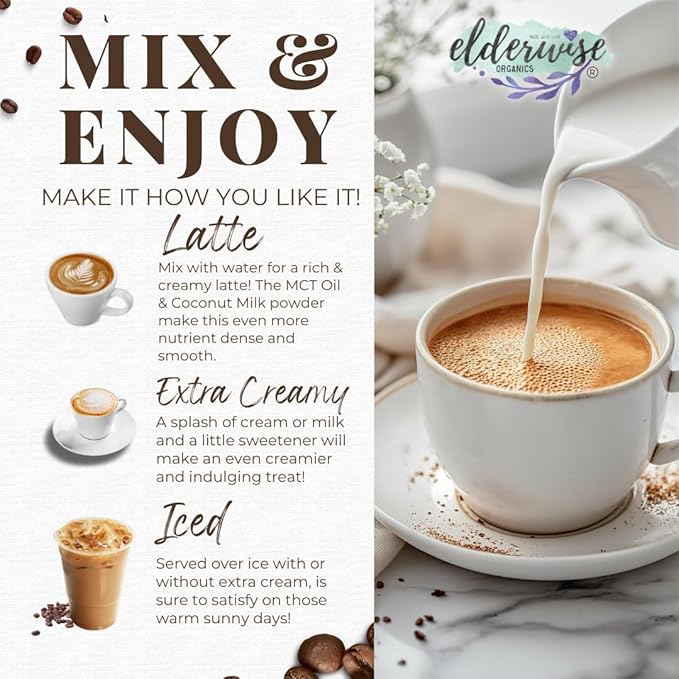 Elderwise Organics Coffee - Latte - Lion's Mane, Chaga, Reishi, Cordyceps, MCT Oil, Coconut Cream & Sea Moss - 12 Servings - Freeze Dried Instant Coffee - Chemical free - Fair Trade