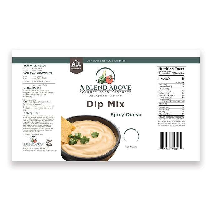 A Blend Above Spicy Queso Dip Mix, 3 Packs, 1 oz. Each, Makes 16 Ounces, Gluten-Free, No MSG, All Natural, No Preservatives, Vegan Friendly, Keto Friendly, Vegetable Dip, Chip Dip, Low Carb, Easy to Make