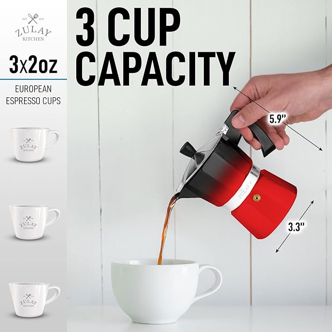 Zulay Classic Stovetop Espresso Maker for Great Flavored Strong Espresso, Classic Italian Style 3 Espresso Cup Moka Pot, Makes Delicious Coffee, Easy to Operate & Quick Cleanup Pot (Red/Black)