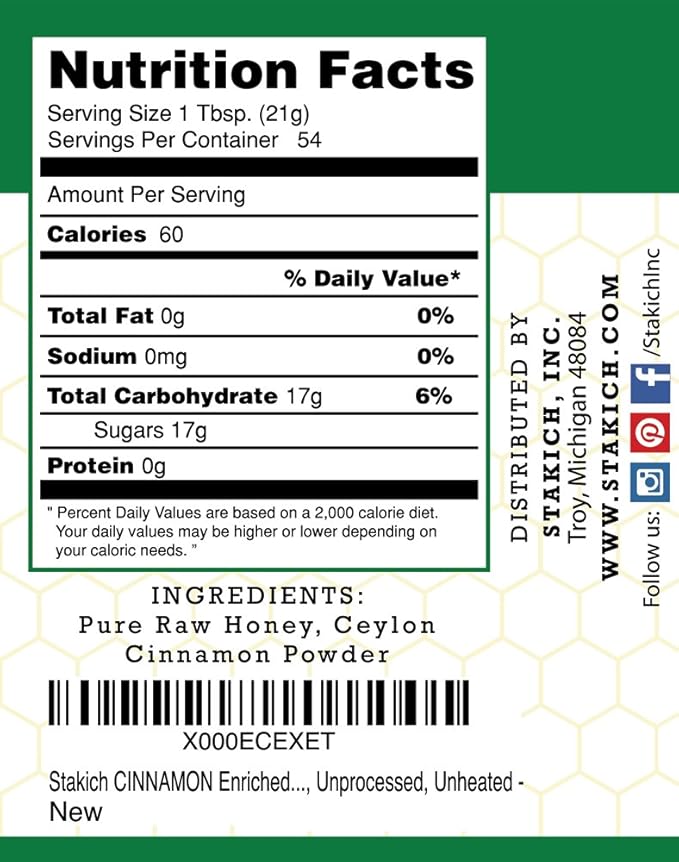 Stakich Cinnamon Enriched Raw Honey - Pure, Unprocessed, Unheated - 40 Ounce