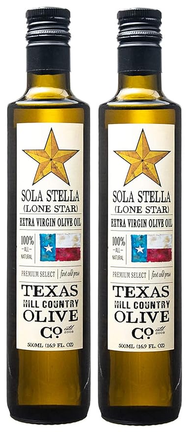 Sola Stella Extra Virgin Olive Oil - Cold Pressed Gourmet EVOO Olive Oil - Uniquely Smooth & Buttery - Perfect for Cooking Baking & Finishing - Award Winning & Made in Texas (16.9 oz, 2 Pack)