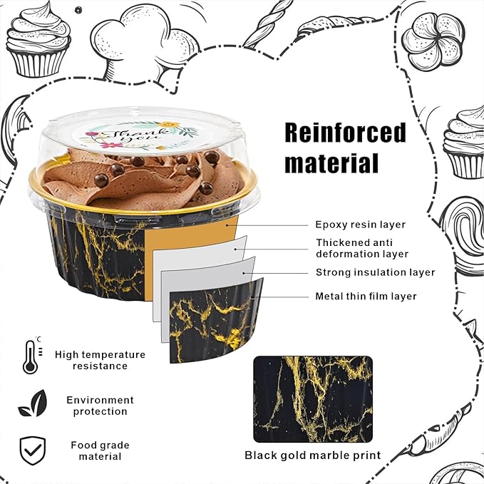 100 PCS Mini Cake Pans with Lids and 100 PCS Spoons,Aluminium Foil Baking Cups, 5 oz Disposable Baking Cups Foil Ramekins For Party Birthday Wedding Valentines (Black Gold Marble)