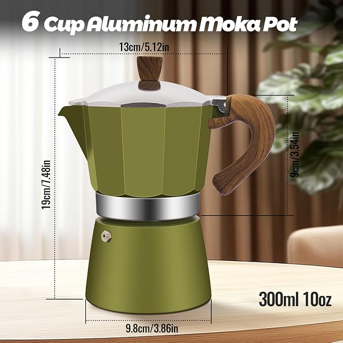 6 Cup Aluminum Moka Pot Classic Stovetop Espresso Coffee Maker 300ml 10oz Coffeemaker Percolator Mocha Pot Greca Coffee Maker Cafe Makers for Italian and Cuban Cafì±?Brewing Green