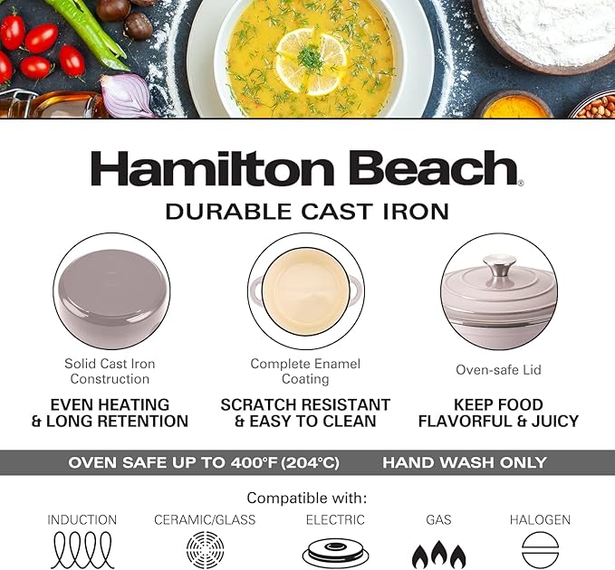 Hamilton Beach 5.5-Quart Enameled Cast Iron Dutch Oven with Lid | Heavy-Duty Pot for Braising, Roasting & Baking | Gray