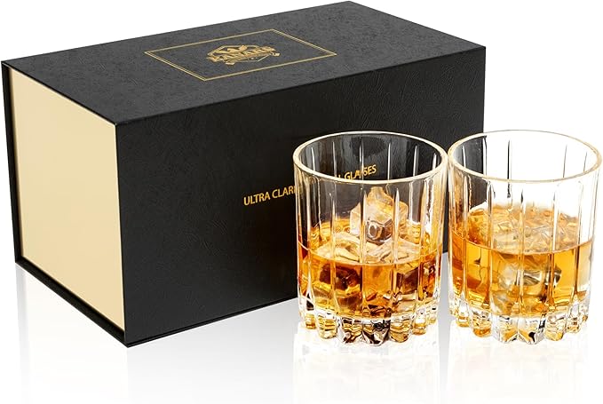 KANARS Old Fashioned Whiskey Glasses Set of 2-10 Oz Crystal Rocks Glasses for Bourbon Cocktail Scotch Snifter Malt Cognac - Unique Men Gift