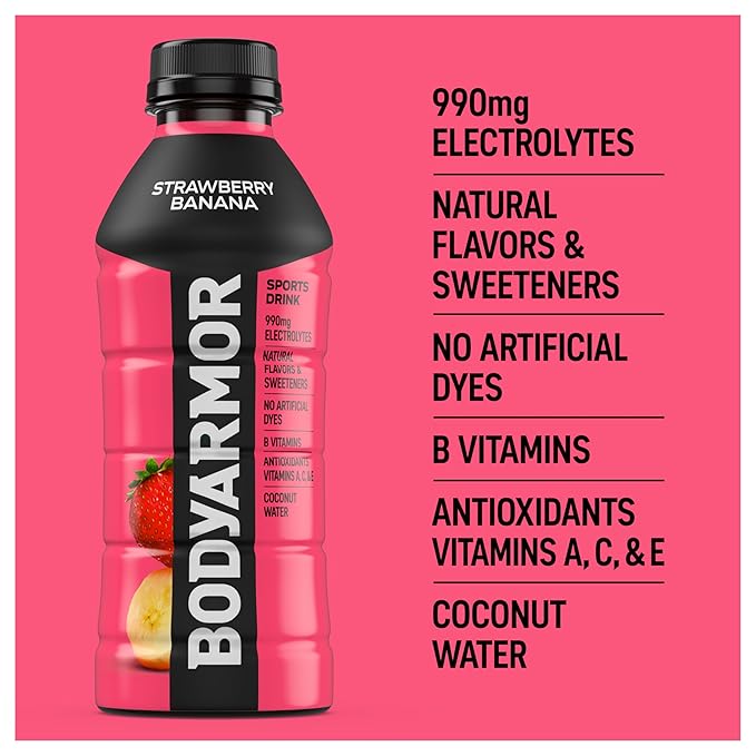BODYARMOR Sports Drink Sports Beverage, Strawberry Banana, Coconut Water Hydration, Natural Flavors With Vitamins, Potassium-Packed Electrolytes, Perfect For Athletes, 20 Fl Oz (Pack of 6)