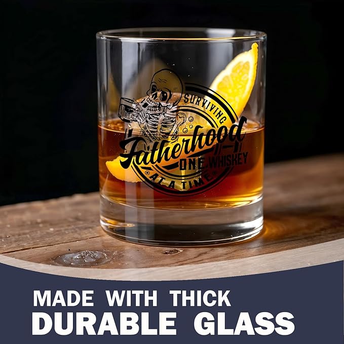 Funny Dad Whiskey Glasses 10 oz, Dad Gifts for Birthday Christmas, Surviving Fatherhood One Whiskey at a Time Old Fashioned Rocks Glasses for Drinking Scotch Bourbon Cocktail Liquor Vodka