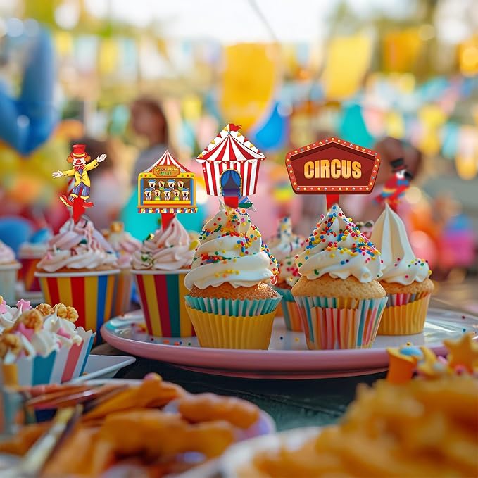 40 Pcs Circus Toppers - Carnival & Circus Party Decorations - Perfect for Cupcake, Cake & Baby Shower