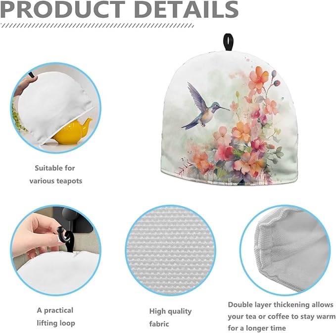 Floral Tea Cozy Insulation Kitchen Accessory Hummingbird Tea Cozies Covers Kitchen Home Decorative Tea Pots Cozy for Keeping Warm