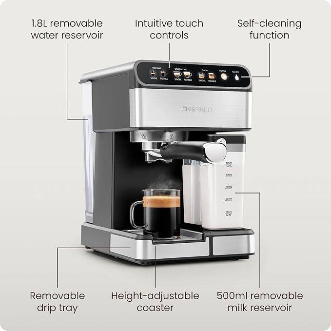 Chefman Caf챕Master Pro Espresso Machine, Brew Single or Double Shots, Coffee Maker with Built-In Milk Frother for Cappuccino & Latte, XL 1.8 Liter Removable Water Reservoir - Stainless Steel
