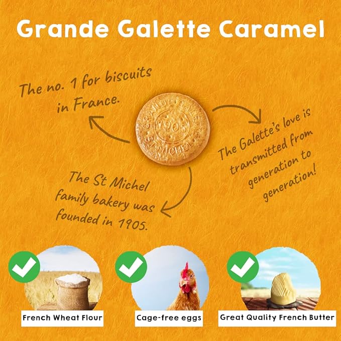 St Michel Caramel Grandes Galettes Butter Cookies Biscuits 5.29oz, Made In France, Pack of 4 Non-GMO total of 36 Butter Cookies