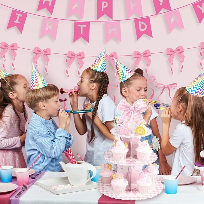 2 Pack Pink Bow Birthday Decorations Bow Cupcake Stand Coquette Theme Birthday Decorations for Women Girls Bachelorette Bridal Engagement Wedding Baby Shower Supplies