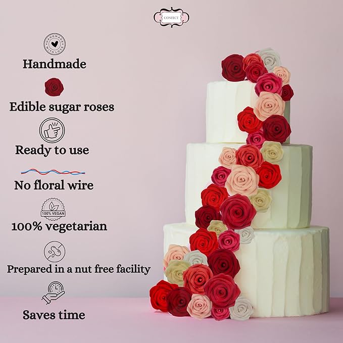 Confect Edible Rose Topper -Edible Blush Pink Rose Cupcake Toppers for Cake & Doughnut Decoration- Vegan, Gluten-Free - Pack of 12